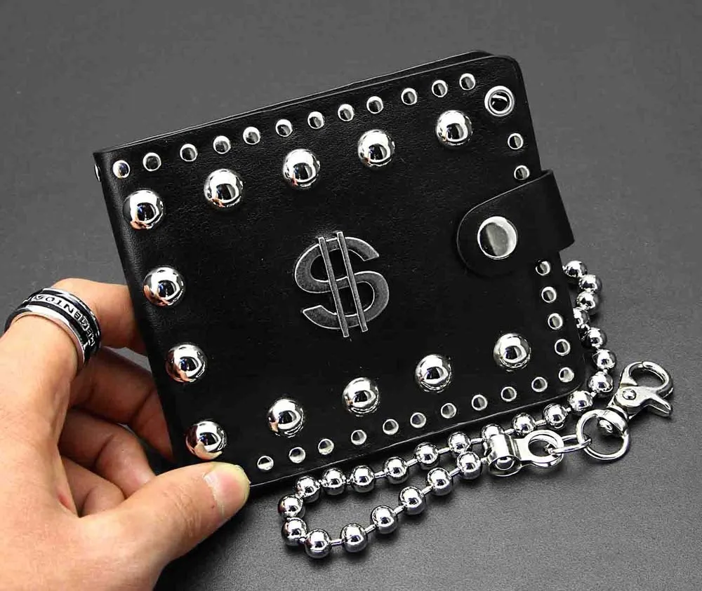 Men's Punk Biker Stud Leather Wallet With a Jeans Chain Blackwallet