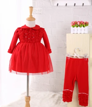 

2pcs/set Winter baby dress with pants plus velet red baby girl christening gown 1 year birthday dress infant clothes for 0-18M