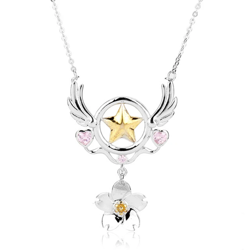 Anime Cartoon Card Captor Necklace Clear Card Sakura Kinomoto Sakura with Magic Wand Necklace Pendants Accessories Figure Toys