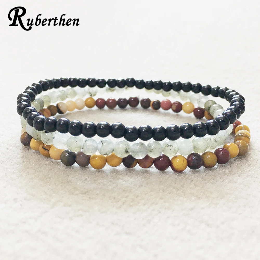 

Ruberthen 4 mm A Grade Labradorite Stacking Bracelet Natural Black Tourmaline Bracelet Set Mini Gem Stone Energy Bracelet