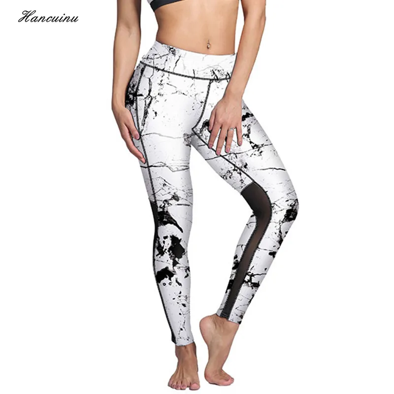 Hancuinu New Women Mesh Patchwork Fitness Leggings Marble Texture Ink