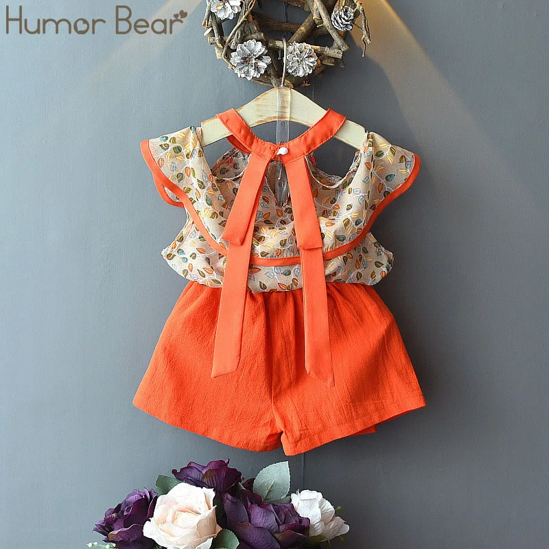Humor Bear/комплект одежды для девочек; коллекция года; летняя модная футболка без бретелек с изображением листьев и плеча+ шорты; Детский костюм; боди; одежда для маленьких девочек