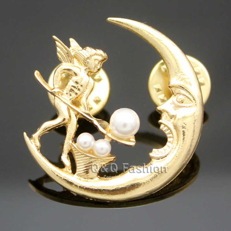 

Antique Silver Angel Fairy Feeding Moon Cresent Pearl Baroque Lapel Brooch Pin Jewelry New