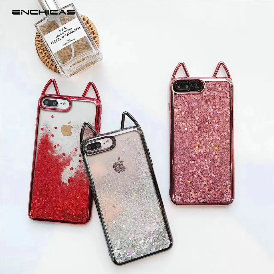 Enchicas милый кот уха Жидкий блеск Quicksand чехол для iPhone 6 S 7 8 Plus Clear мягкие ТПУ защитный