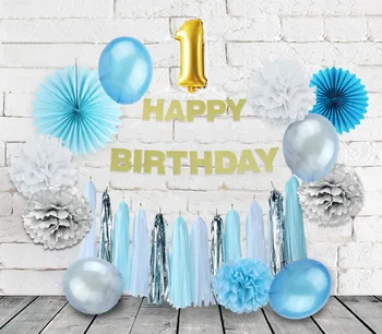 

1st Birthday Party Decoration Set Gold Foil Number 1 Balloon/Happy Birthday Banner/Tassel Garland/Tissue Pom Fans Birthday Party