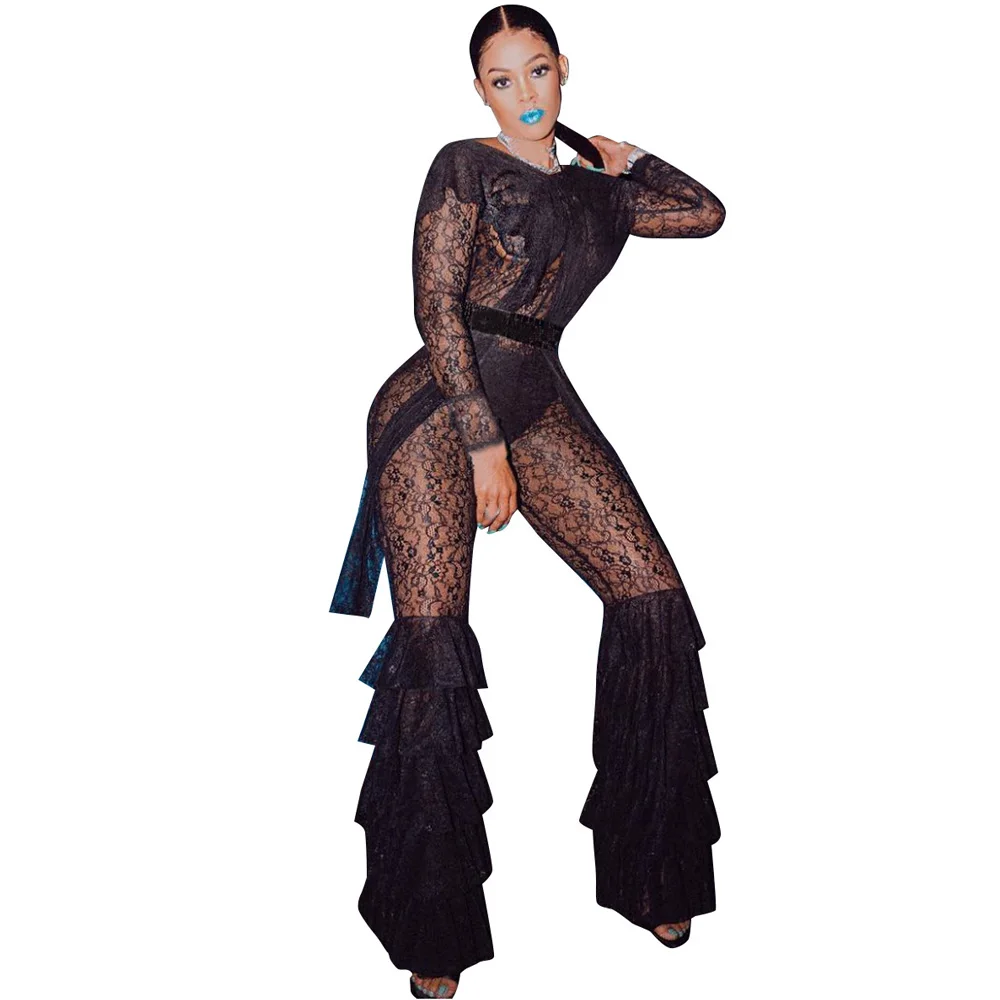 Women Lace Patchwork Elegant Overalls Long Sleeve Cascading Ruffles Lantern Bandage Jumpsuit Vintage See Through Rompers