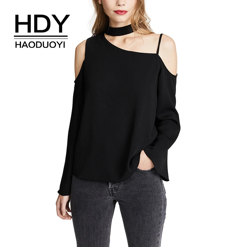 

HDY Haoduoyi Women Hallow Out Halter Sexy Blouse Asymmetrical Sexy Lady Long Sleeve Batfly Sleeeve Backout Office Lady Tops