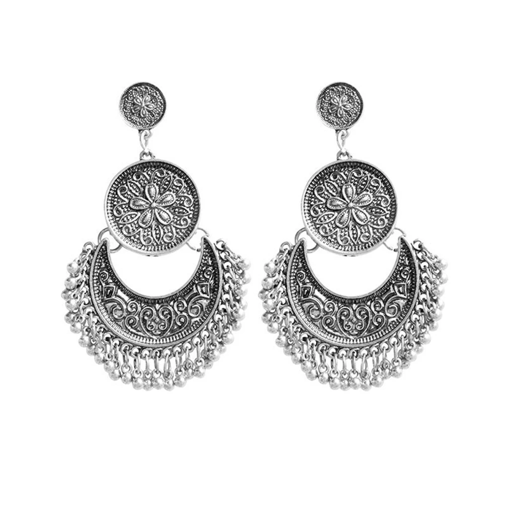 

1 Pair Bohemia Tassel Earrings Retro Carved Earrings Women Metal Coin Bells Ethnic Style Girl Ear Studs