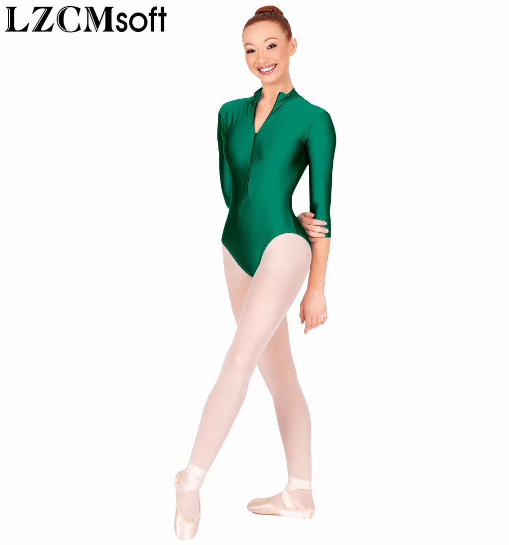 LZCMsoft, женские водолазки с рукавом 3/4, гимнастические трико с молнией спереди, спандекс, лайкра, одежда для балета, танцевальные костюмы для взрослых