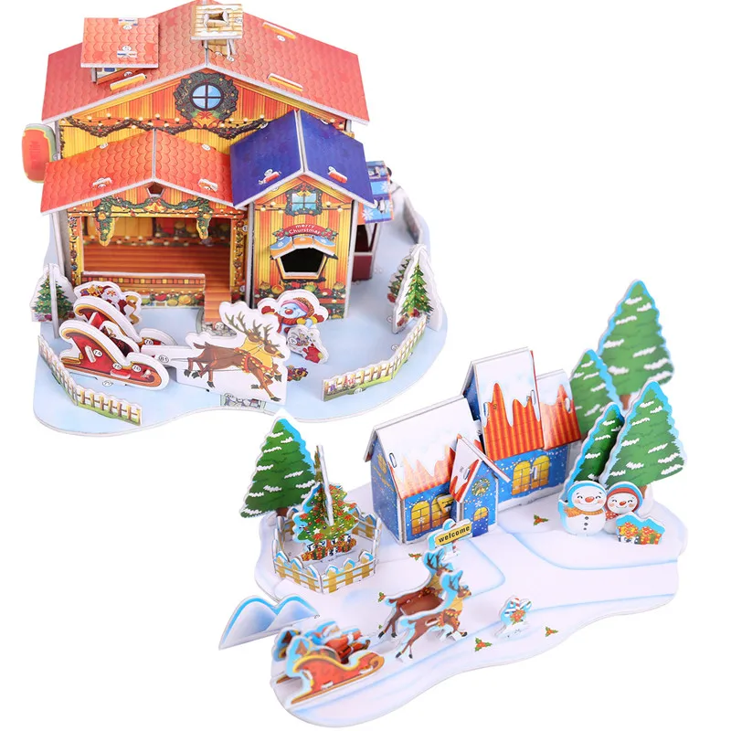 

Kids Xmas Gift DIY 3D Christmas Snow House Foam Paper Santa Clause Elk Snowman House Christmas Ornament Decoration for Home 2019
