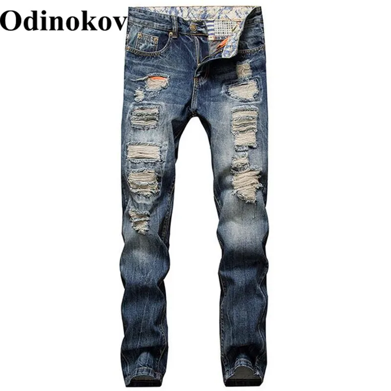 

Odinokov Brand 2017 Biker Jeans New Designer Slim Jeans Men High Quality Hip Hop Ripped Jeans Pants Straight Hole Denim Jeans