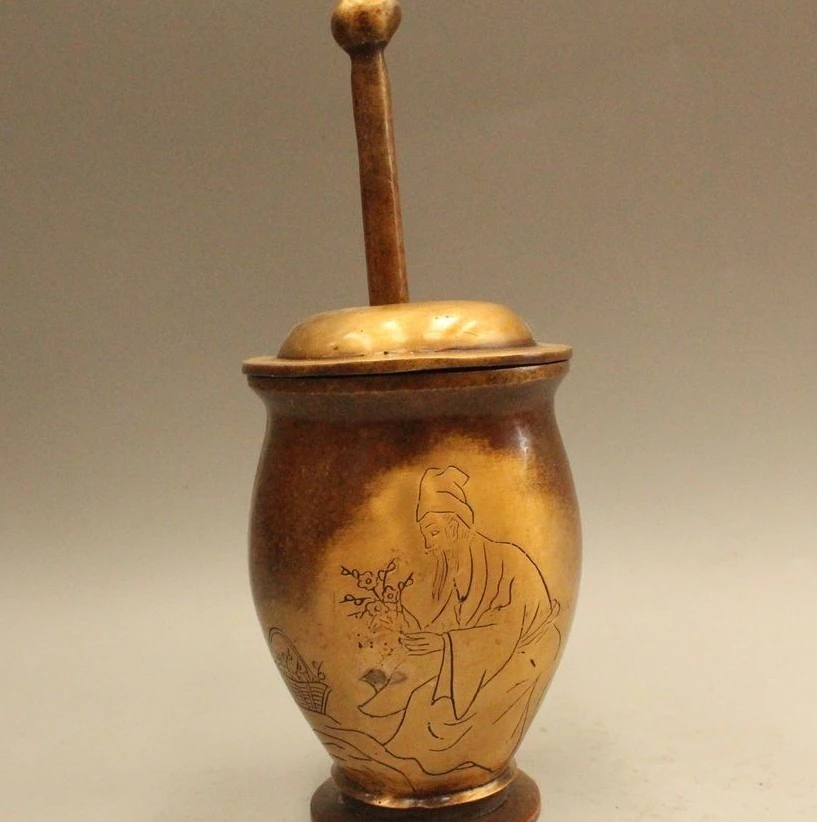 

9"China Dynasty Bronze Fine Workmanship Li Shizhen Word Medicine Pounding Tank