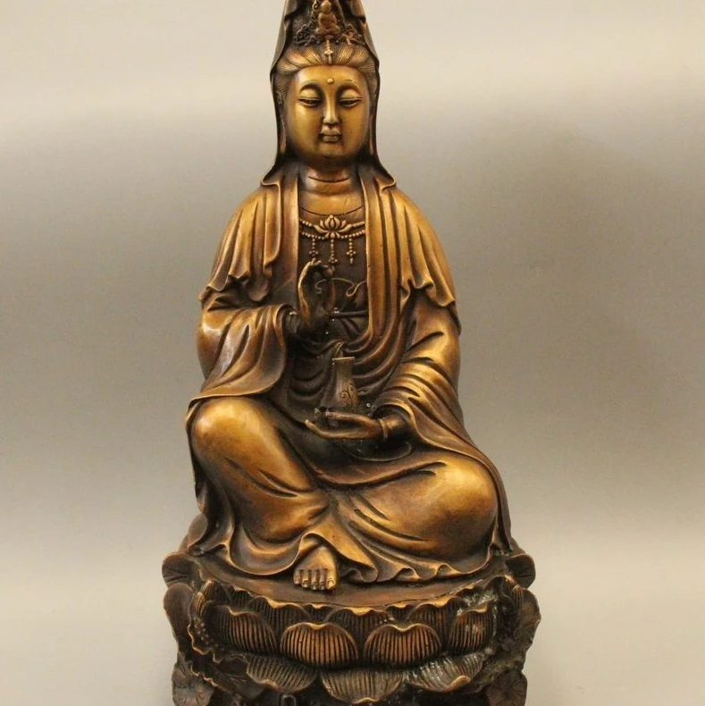 

14" Chinese Tibet Buddhism Bronze Seat Lotus Kwan-yin Guan Yin Statue Sculpture