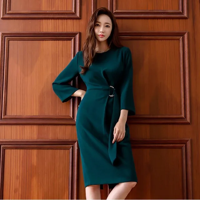 Foamlina Elegant Women Green Work Wear Pencil Dress 2018 Fashion Autumn
