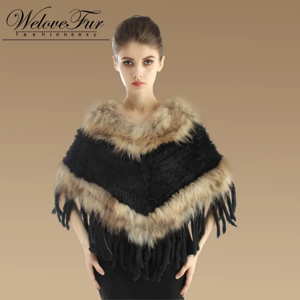 New Real Knitted Rabbit Fur Shawl With Raccoon Fur Collar Lady Fashion