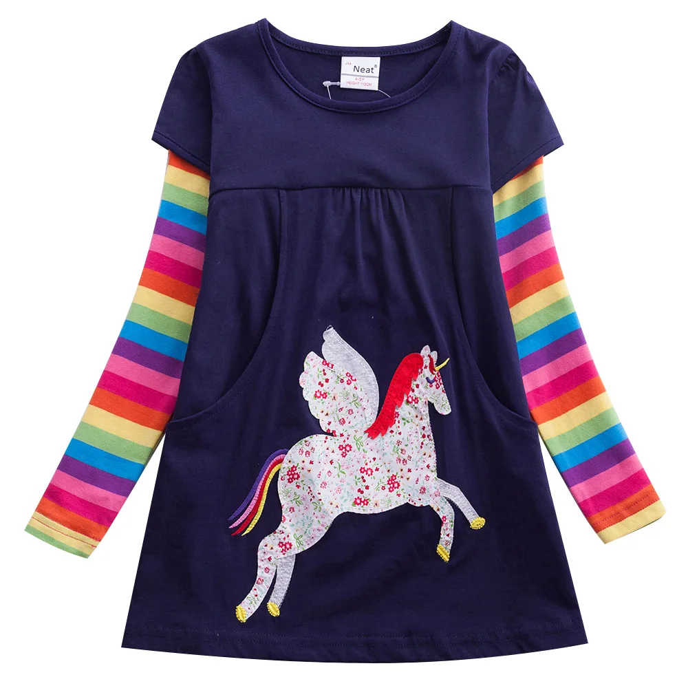 girl Unicorn Embroidered dress princess kids dresses for girls vestidos rainbow stripe long sleeve cartoon costume 2019 summer