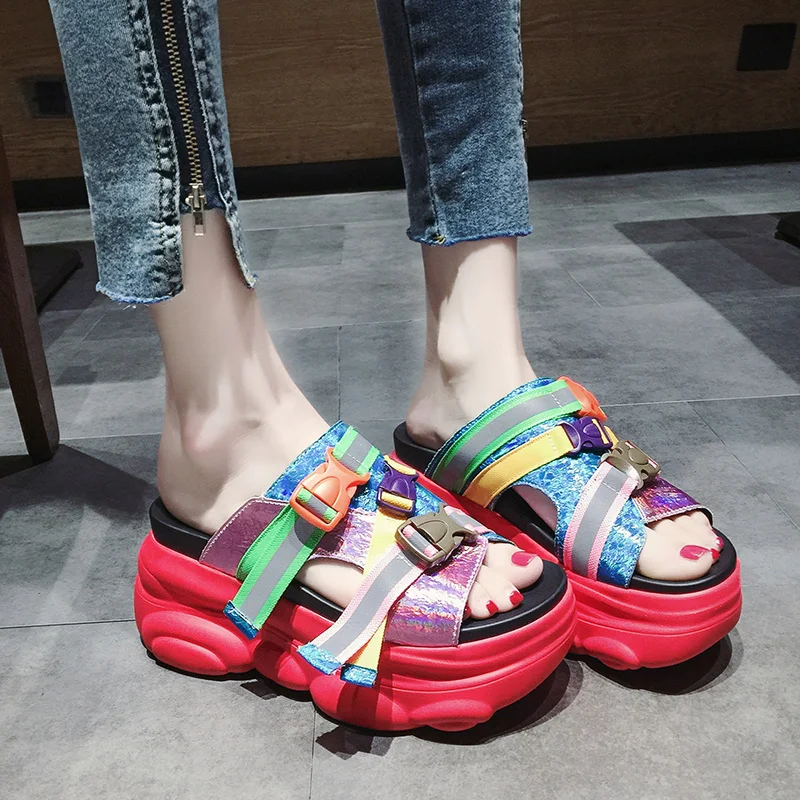 

Women's Sport Sandals Night Reflective High Platform Gladiators Summer Slippers Glitter 3Colors A813