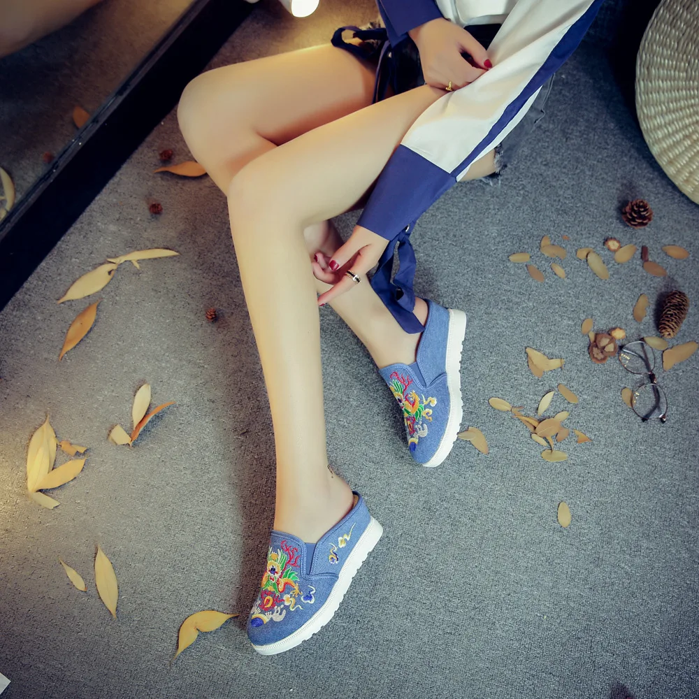 Весенне-летняя парусиновая обувь на платформе в этническом китайском стиле с вышивкой дракона, женские шлепанцы с круглым носком, сандалии без шнуровки, большие размеры 35-41