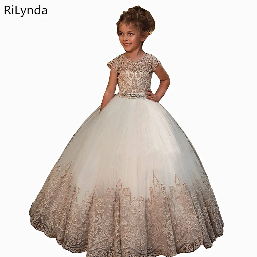 

New Flower Girl Dresses Beading Sash Ball Gowns Lace Appliques Floor Length Flower Girls Princess Elegant Wedding Pageant Dresse