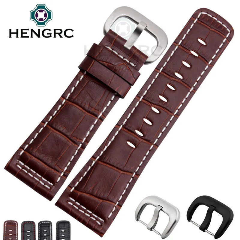 

HENGRC 28mm Genuine Leather Watch Band Men High Quality Black Brown Strap Belt Stainless Steel Silver Black Metal Needle Buckle