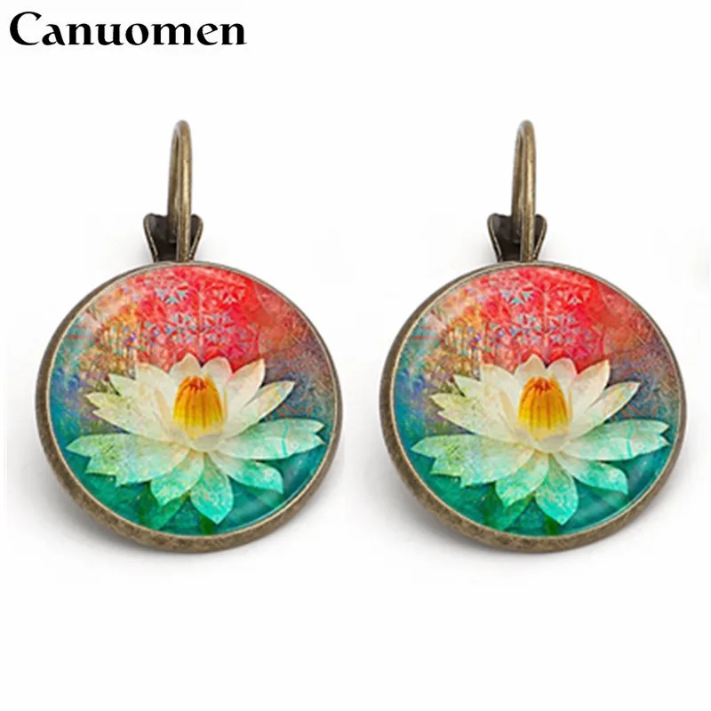 

Canuomen Vintage Lotus Earings Fashion Jewelry 2018 Silver Bronze Earrings Glass Cabochon Earring Gifts for Women oorbellen