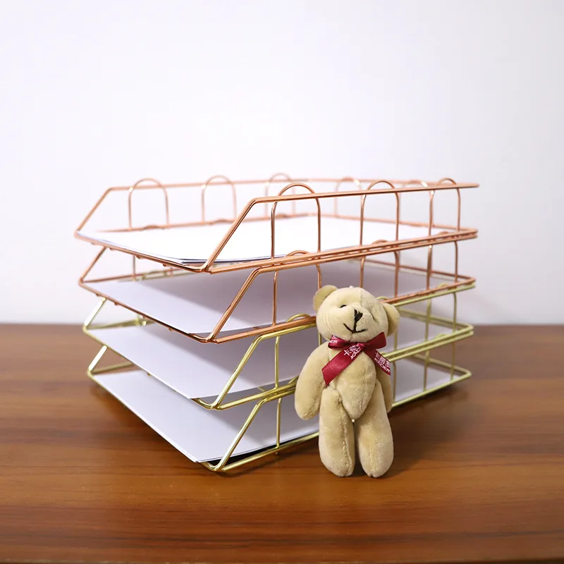 

Nordic Metal Storage Basket Rose Gold Office Desktop A4Paper Storage Rack Stackable Magazine Finishing Basket File Box Organizer