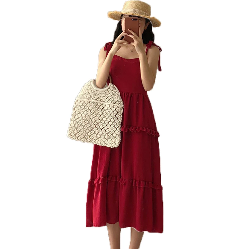 

Summer Women Red Slip Dresses Romantic Shoulder Straps One Piece Calf Length Vestidos Smocking Stitch Back Design Dress Woman