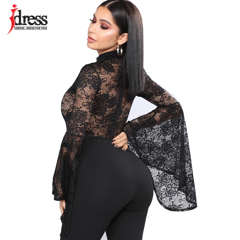 IDress Sexy Women Floral Lace Bodysuit Flare Sleeve Playsuit Rompers Summer Lady Turtleneck Long Sleeve Overalls Black Playsuit (4)