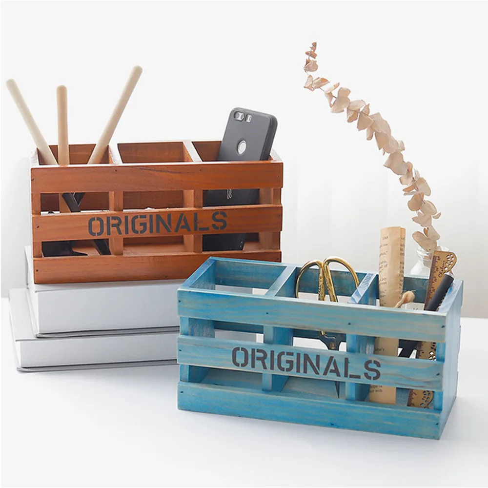 

1pcs vintage wooden storage box Home desktop solid wood three compartment storage box Kitchen cosmetics pen holder remote contro