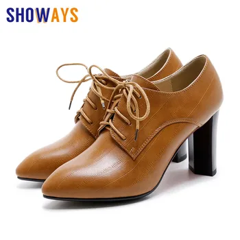 

British Women Derbies Black PU Leather 8cm Chunky High Heel Brogues Lace-up Pointed Toe Pumps Casual Ladies Vintage Dress Shoes