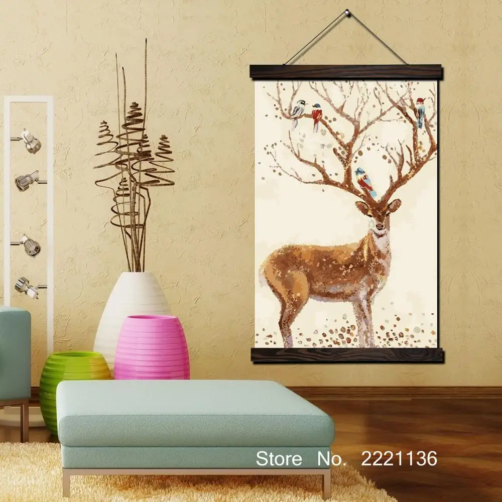 

Peaceful deer Oil Framed Scroll Painting HD Wall Art Hanging Canvas Painting HD Printed Pictures for Living Room Decoration
