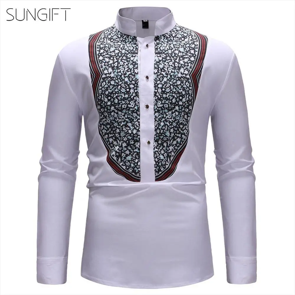 

SUNGIFT African Male Top Long Sleeve Dashiki Ethnic Pattern Men Stand Neck Button Shirt Fashion Male Shirt African Clothes