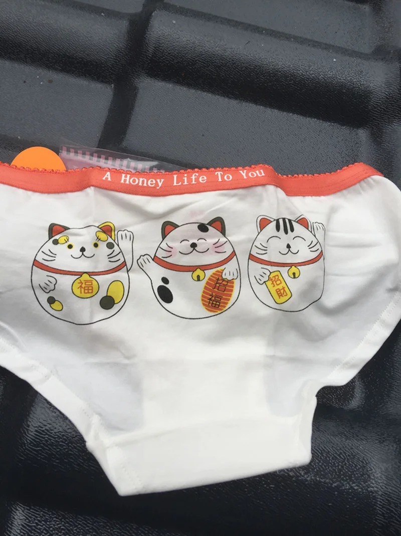 Хлопковый с низкой талией с изображением из мультфильма Lucky Cat печати Для женщин нижнее бельё для девочек высокое качество мягкие трусики