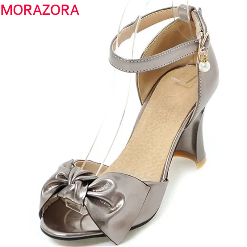 

MORAZORA 2020 hot sale women sandals peep toe bowknot party shoes simple buckle summer shoes high heels shoes woman red pink