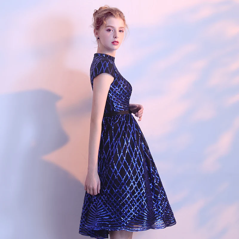 SSYFashion/Новое короткое коктейльное платье банкетное платье длиной до колена с высоким воротом, голубое блестящее праздничное платье на заказ, торжественные платья