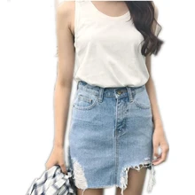 Летняя женская джинсовая юбка с завышенной талией Jupe неровные края джинсовые юбки мини мытая Повседневная Женская юбка