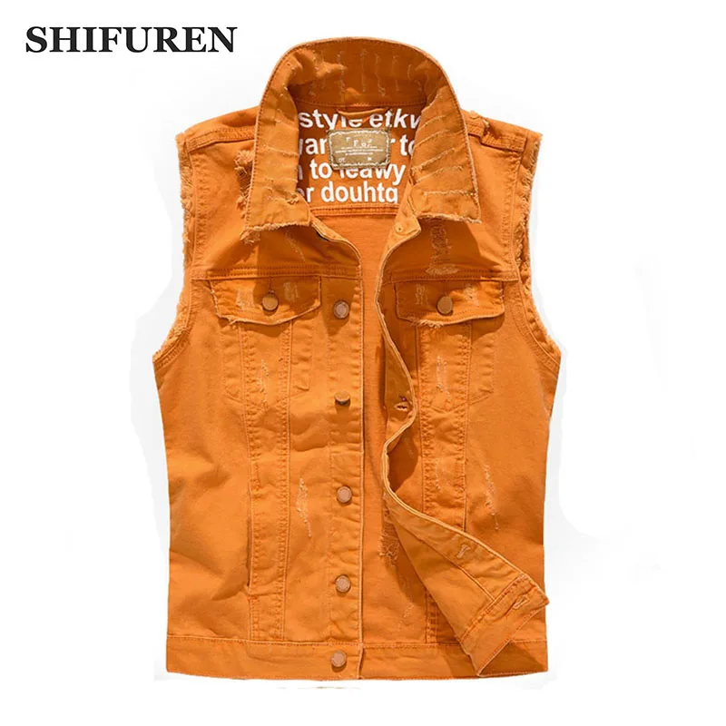 SHIFUREN New Fashion 2017 Men Ripped Denim Vests Single Breasted Sleeveless Jeans Jackets Cowboy Frayed Plus Size | Мужская одежда