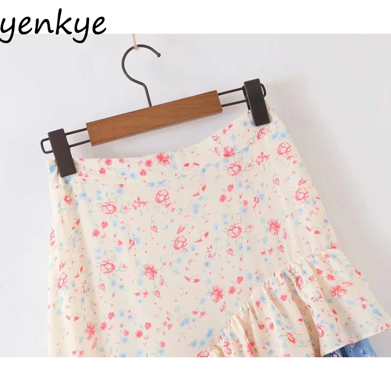 Patchwork Floral Print Holiday Boho Skirt Women Layered Ruffle Asymmetric Cake Skirt Elegant Lady High Waist Summer Skirt