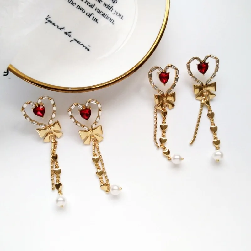 

Simple Creative Metal Texture Love Bowknot Long Tassel Dangle Earrings for Women Girl Fashion Rhinestones Ear Clip Accessories