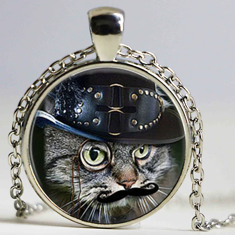 Wholesale animal glass cabochon black cat pendant necklace cat jewelry