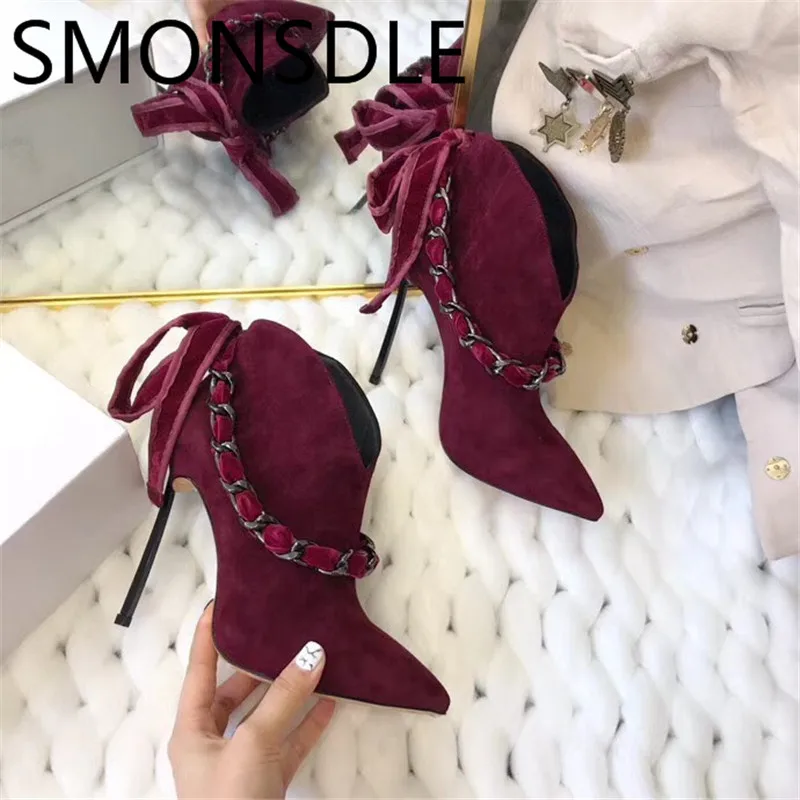 

SMONSDLE New Black Red Kid Suede Women Ankle Boots Pointed Toe Buckle Metal Chain Thin High Heel Women Autumn Boots Shoes Woman