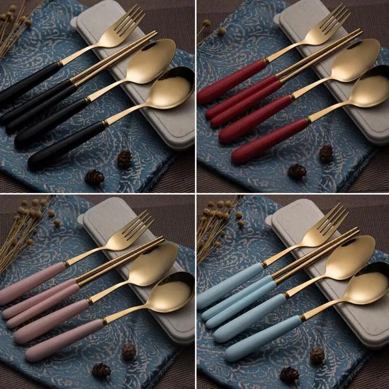 

4pcs set New style Ceramic Handle Portable Camping outdoor Cutlery set with Box
