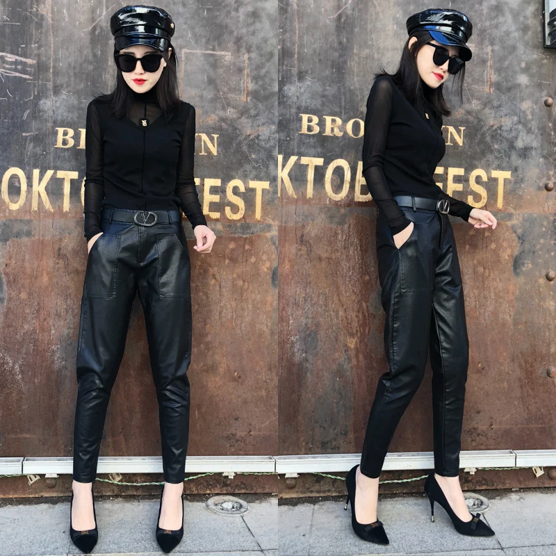 

Women Autumn Skinny Feet Ankle Length PU Harem Pants Spring Women PU Leather Pants Slim Faux Harlan Leather Trousers For Female