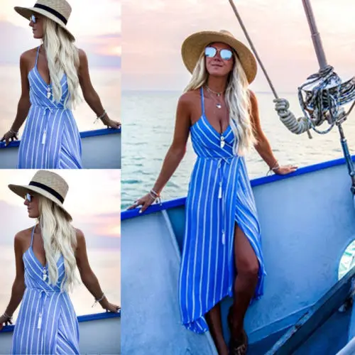 

Womens Lady Female Fashion Boho Spaghetti Strap Sleeveless Long Dress V Neck High Waisted Sundresss Summer Maxi Beach Dress