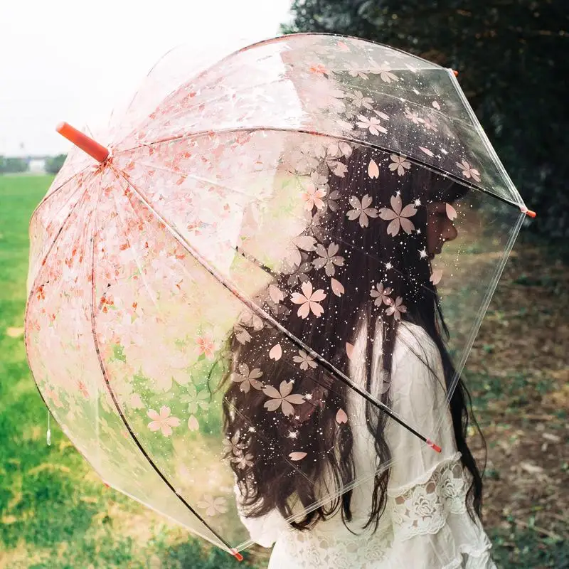 Модный прозрачный креативный женский зонт от солнца с длинной ручкой вишневый