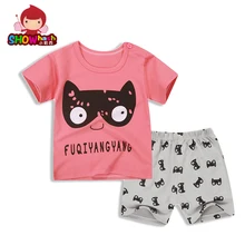 SHOWHASH Summer Cute Dog Casual Cartoon Boy Girls Clothes Sets Kids Short Sleeve Pink Blue Cotton T-shirt & Short Pants XA359
