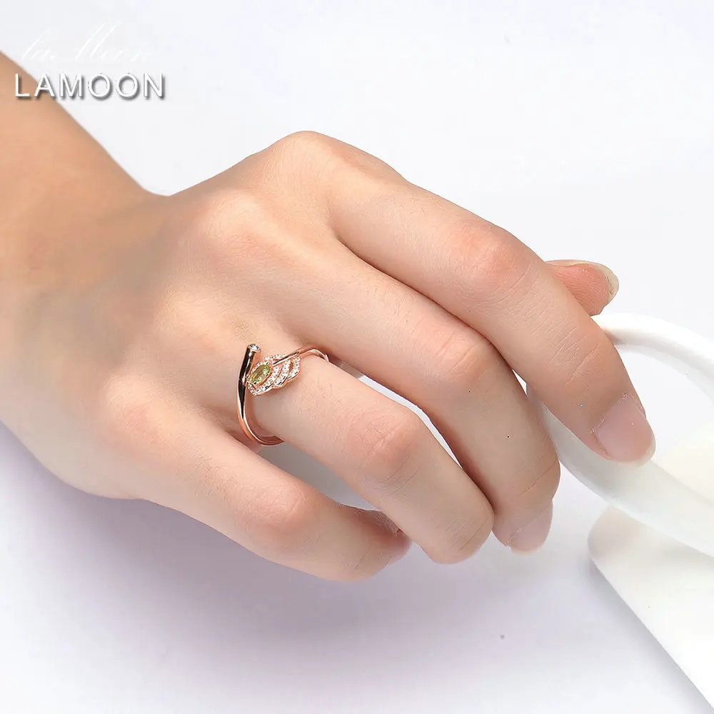 LAMOON 925 Sterling Silver Ring Classic Design Leaf 100% Natural Green Peridot Fine Jewelry Party Gift Rings For Women RI055