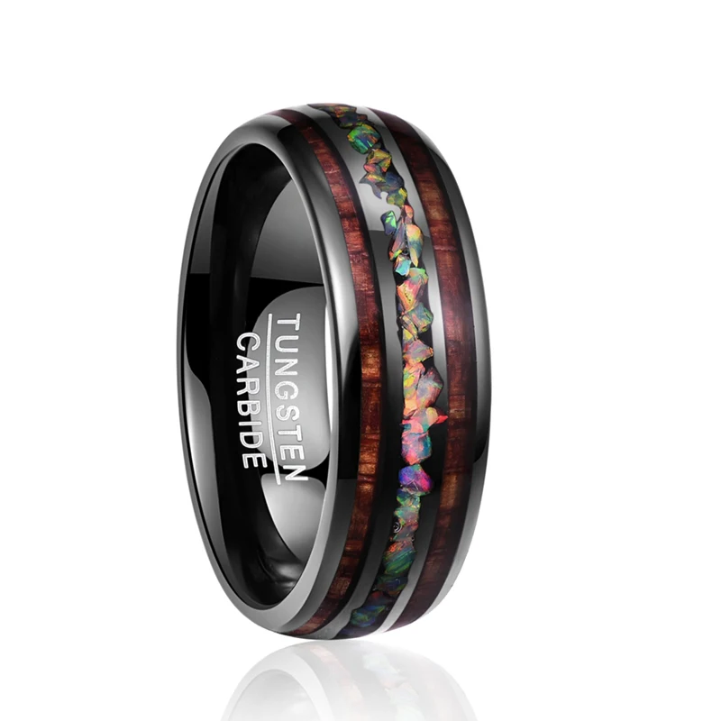 2018 Personality Tungsten men's Ring Engagement Wedding Jewelry ring vintage Dome Black Acacia Wood Opal rings never fade