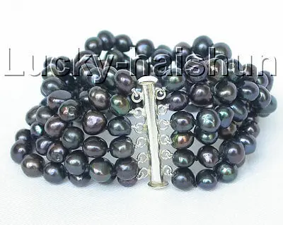 

Free Shipping >> new hot 8" 6row 9mm baroque Black pearls FW bracelet bangle magnet clasp j8828