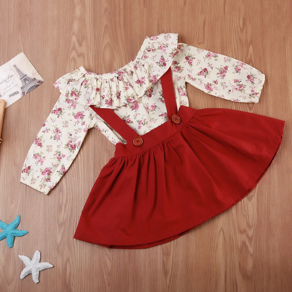 Детский комплект из 2 предметов для девочек, топ с длинными рукавами и круглым вырезом, футболка с цветочным рисунком, комбинезон, юбка, комплект праздничной одежды принцессы